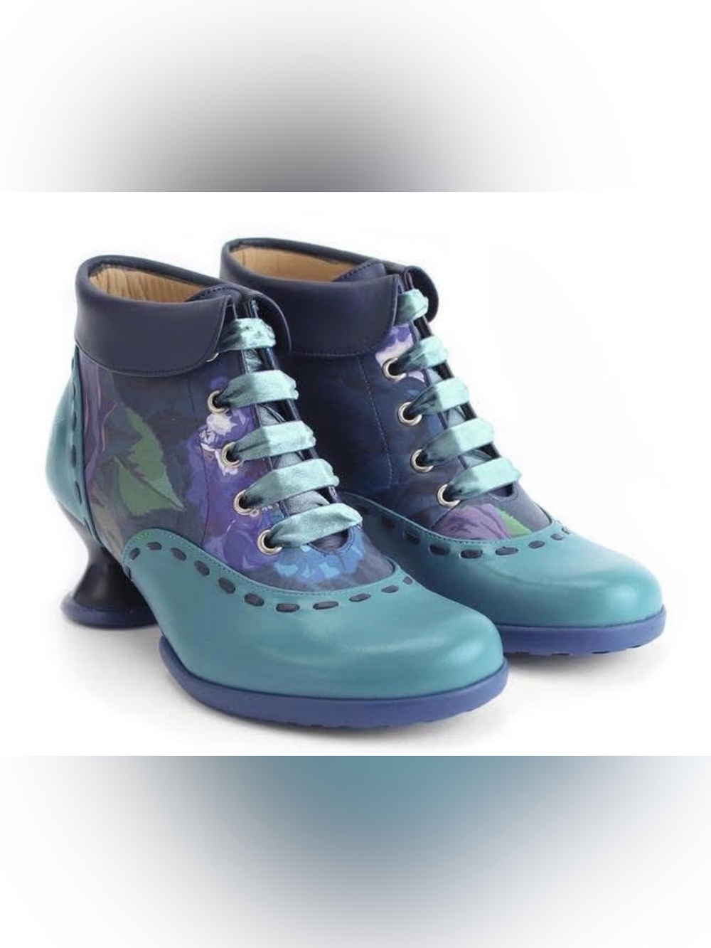 Fluevog EXCELLENT Enneagram Investigator blue/floral collared bootie -10.5 (10)